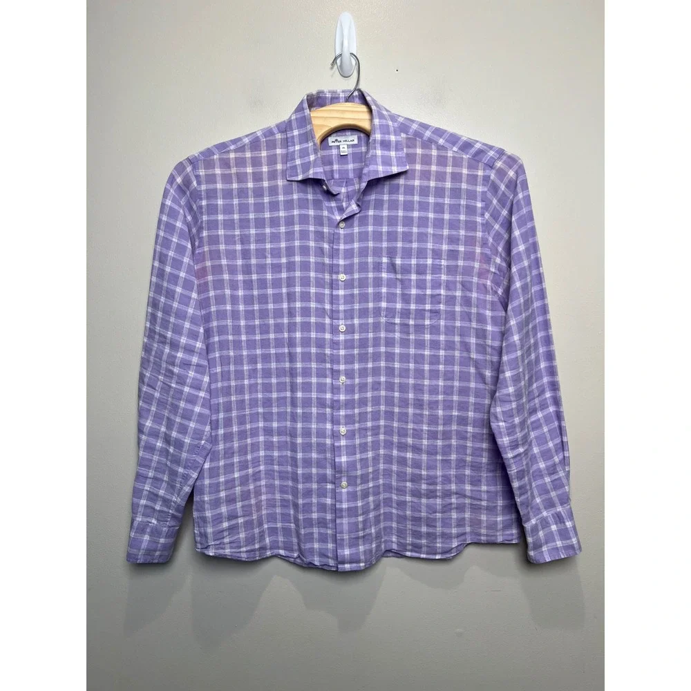 Peter Millar Mens XL Purple Linen Blend Windowpane‎ Check Button Down Shirt